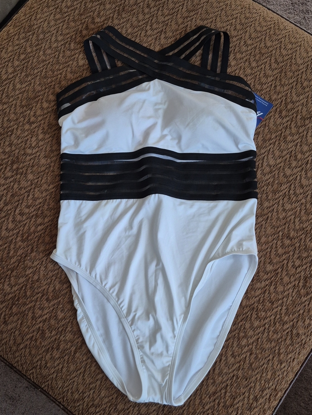 Women’s White One-Piece Swimsuit with Black Mesh Stripes